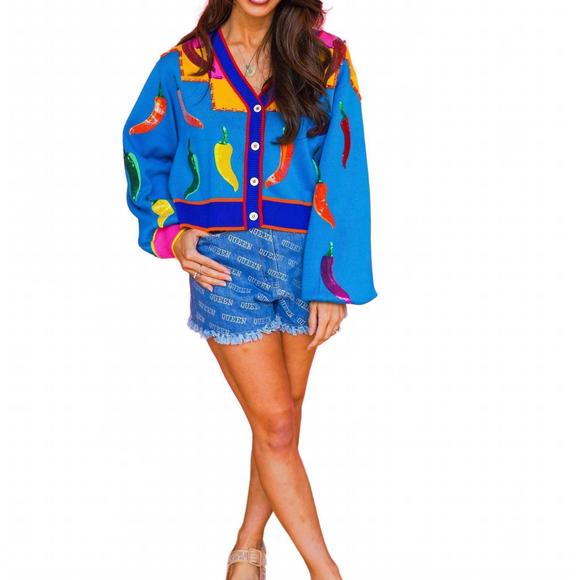 NEW QUEEN OF SPARKLES multi chili pepper cardigan in royal blue - Picture 1 of 7